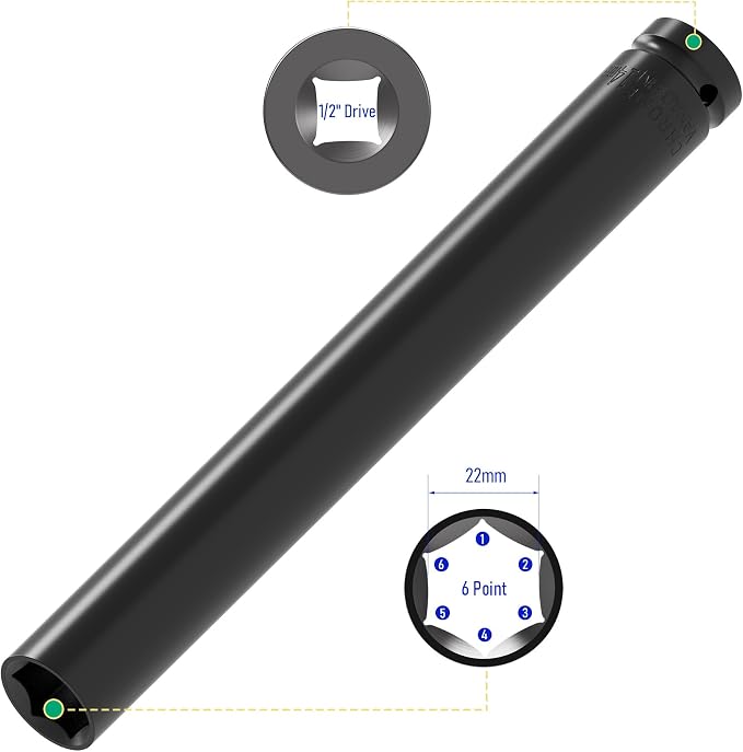 1/2" Drive 22mm Socket Accessory Set, 12 Inch Length | Deep 6-Point Impact - Image 2