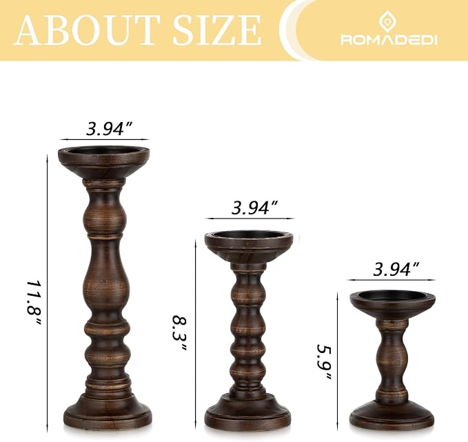 Romadedi Wood Pillar Candle Holders, Dark Brown Solid Wood, Dining Tables - Image 5