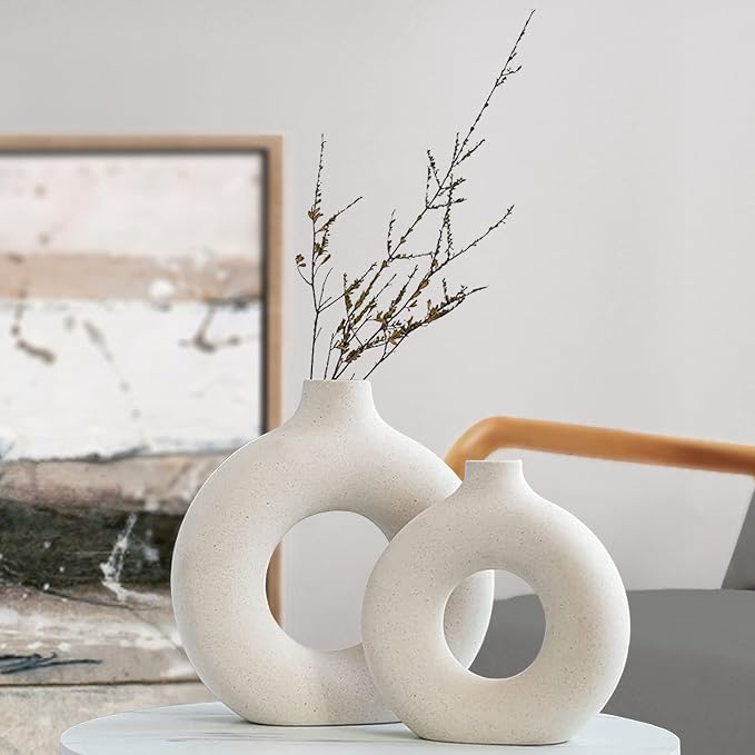 QLOFEI White Ceramic Vases Set of 2, Round Matte Modern Vase by QLOFEI