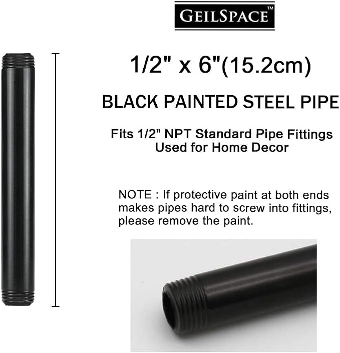 6 Pack 1/2" × 6" Pre-Cut Black Metal Pipe, Industrial Steel Fits Standard Half - Image 2
