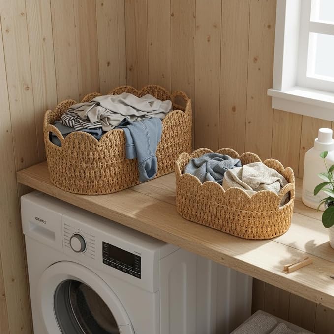 Coeusy Paper Rope Scalloped Basket Set of 2, Wicker Storage Baskets - Image 2