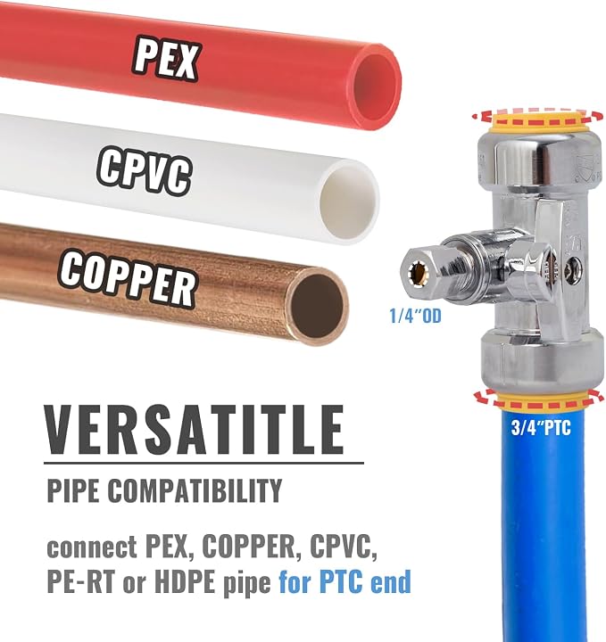 3/4 x 3/4 x 1/4 Inch Compression Tee Stop Valve, 1/4 Turn, Brass | Push to - Image 3