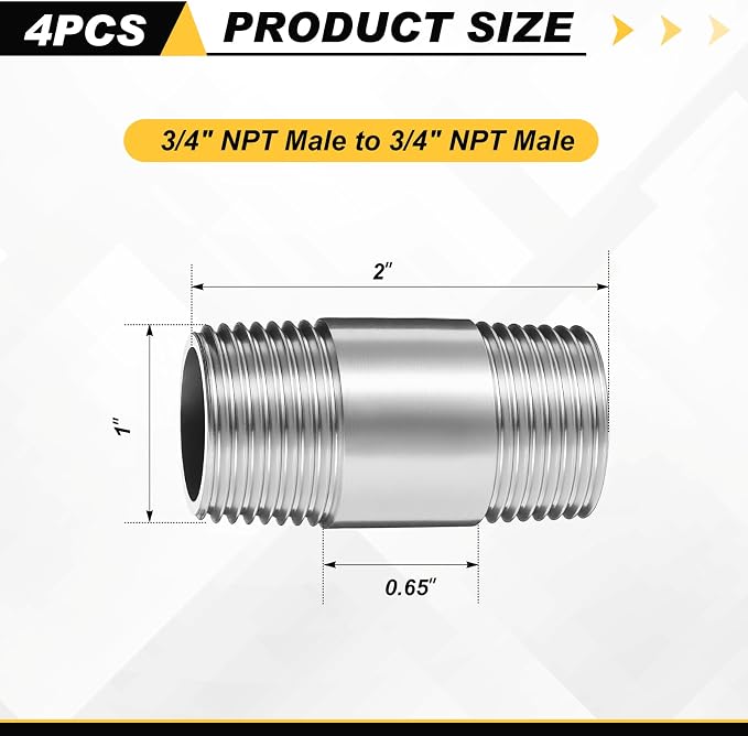 4 Pcs 304 Stainless Steel Pipe Fittings 3/4" NPT x 3/4" NPT Male Threaded 2" - Image 2