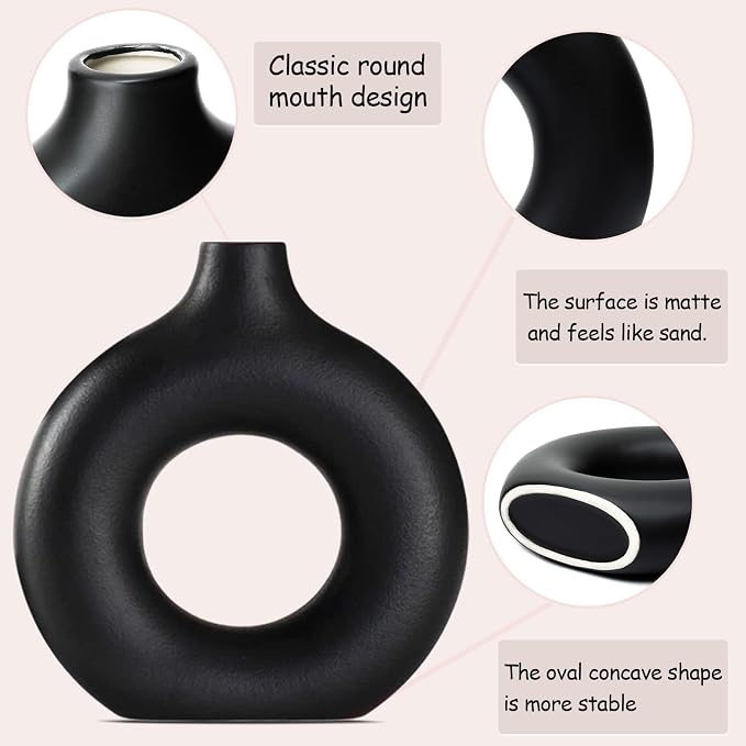 Black Ceramic Vase Set of 2 for Modern Boho Decor, Round Matte Pampas Flower - Image 7