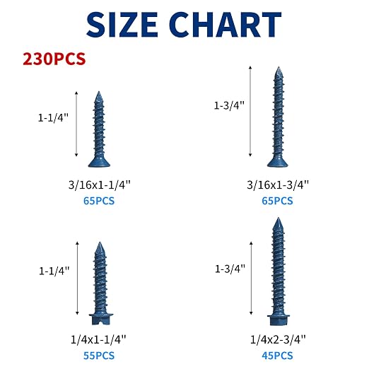 230Pcs 1/4"& 3/16" Phillips Hex Concrete Screw Kit - Image 2