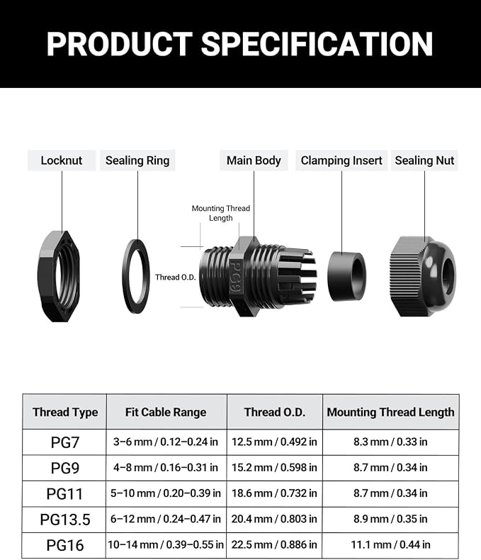 VCELINK Cable Glands, Nylon IP68 Waterproof PG7 to PG16 50 Pcs | - Image 3