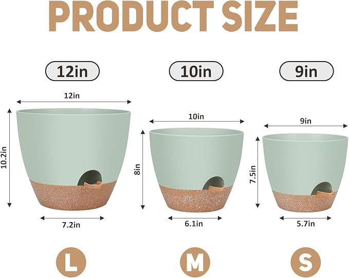 YNNICO 12" 10" 9" Large Self Watering Plant Pots, 3 Pack Flower Pots Planters - Image 2