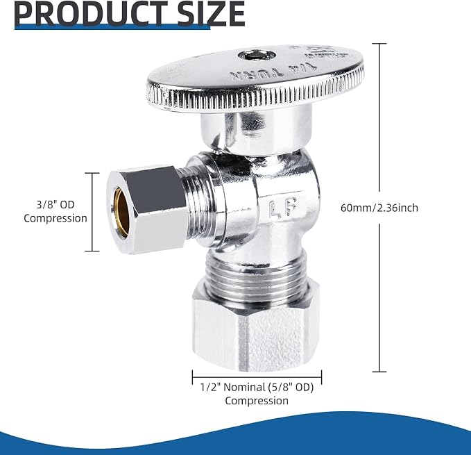 Angle Stop Valve 1/2" Nominal Compression x 3/8" OD, 1/4-Turn Shut Off Valve - Image 2