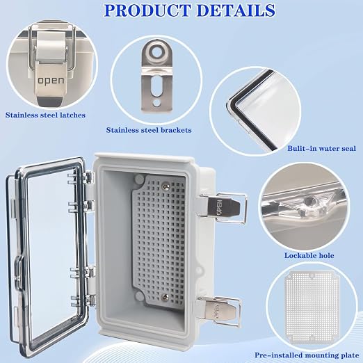 Waterproof Electrical Box, IP67 Junction Box Stainless Steel Latch Hinged Clear - Image 3