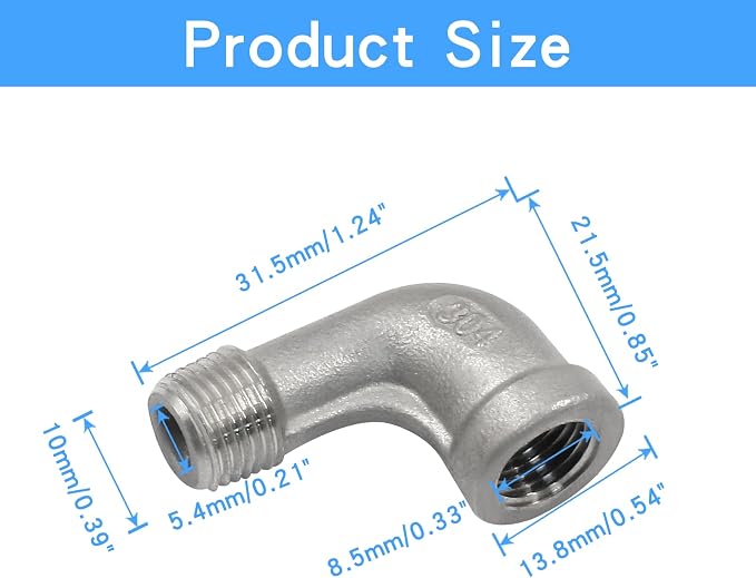 2Pcs 304 Stainless Steel 90 Degree Elbow Fittings, 1/8" NPT | Female x Male - Image 2