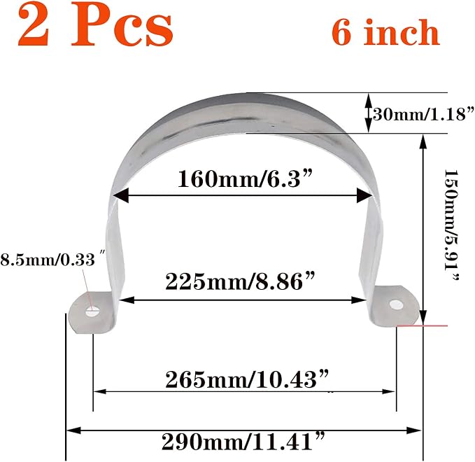 2 Pcs 6inch Rigid Pipe Strap, Two Hole Stainless Steel Strap U Bracket - Image 2