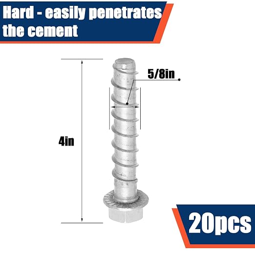 Tandefio 20 Pack 5/8" x 4" Concrete Screw Anchor Galvanized Large Diameter - Image 2