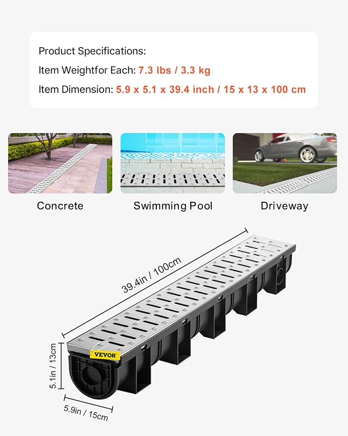 VEVOR Trench Drain System 3 Pack, Channel Drain - Image 7