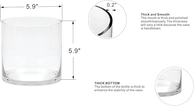 6" Wide 6" Tall Large Hand Blown Sturdy Clear Cylinder Glass Vase, Centerpiece - Image 2