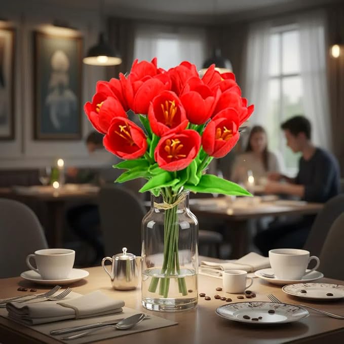 Mandy's 12pcs Artificial Red Open Tulips | 13.5 Inch Lifelike PU Tulips Faux - Image 9