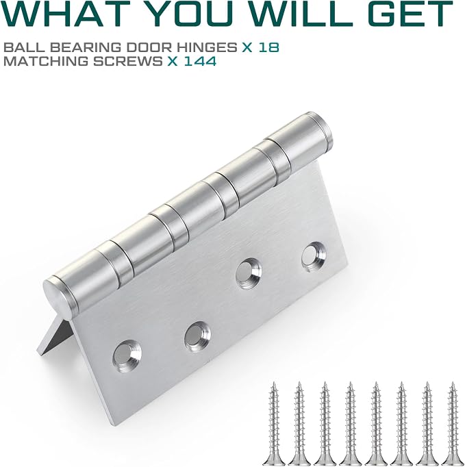 18 Pcs Silver 4'' Ball Bearing Door Hinges, Square Corner | Stainless Steel - Image 4