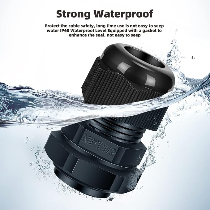 Cable Gland 20 Pack 1/2" NPT Waterproof Adjustable Connector Strain Relief Cord - Image 2