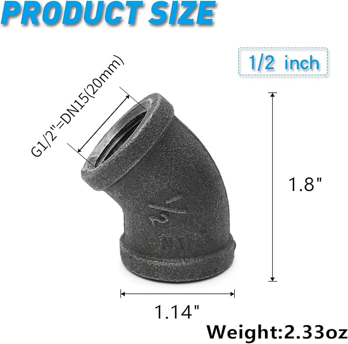 1/2" 45-Degree-Elbow, Home TZH Internal Threaded Cast Malleable Iron Elbow - Image 2