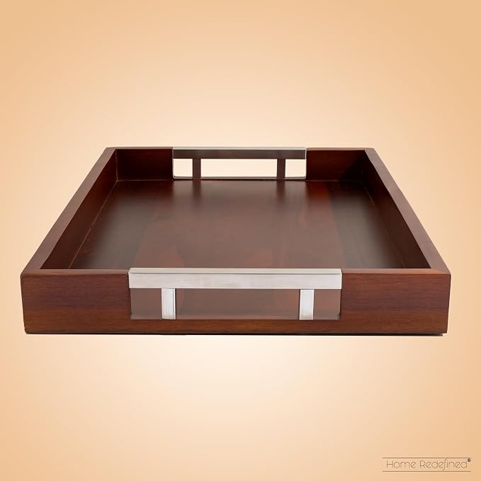 Acacia Wood Serving Tray with Silver Stainless Steel Metal Handles, 17.5x12 - Image 4