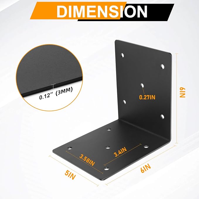 4 Pcs 6"x6"x5" L Right Angle Bracket, Heavy Duty Steel 3MM | 90° Corner Post - Image 2
