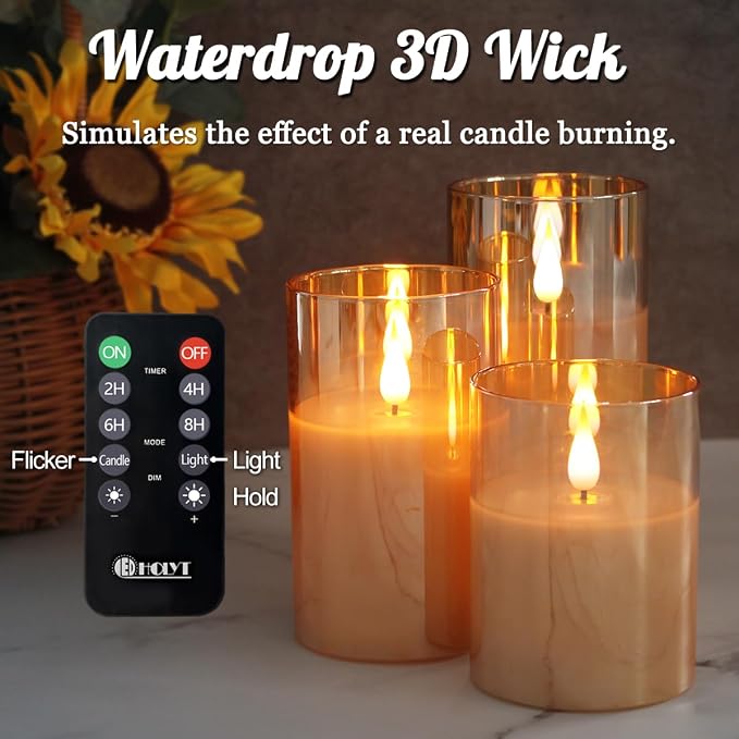 LEDHOLYT Rechargeable Gold Glass Flameless Candles, Flashing LED Pillar Real - Image 5
