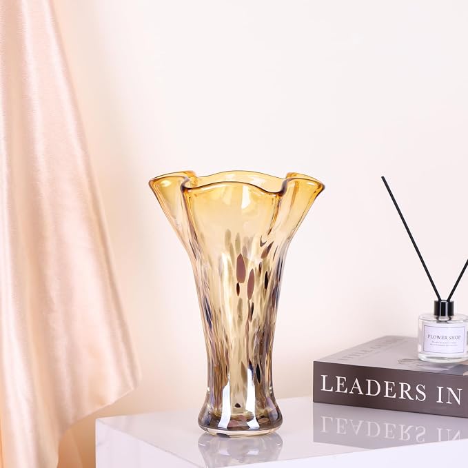 9.0" H Amber Glass Vases for Flower, Unique Hand Blown Glass Vase | Wide Mouth - Image 5