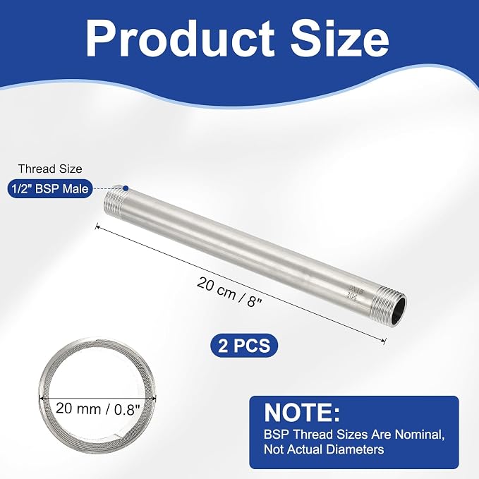 PATIKIL 304 Stainless Steel Pipe Fitting, 2 Pack 1/2" BSP Male x 1/2" BSP Male - Image 2