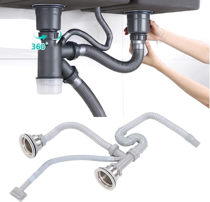 Kitchen Double Sink Drain Kit, 11cm Flexible Sink Drain Pipe Kitchen Sink - Image 6