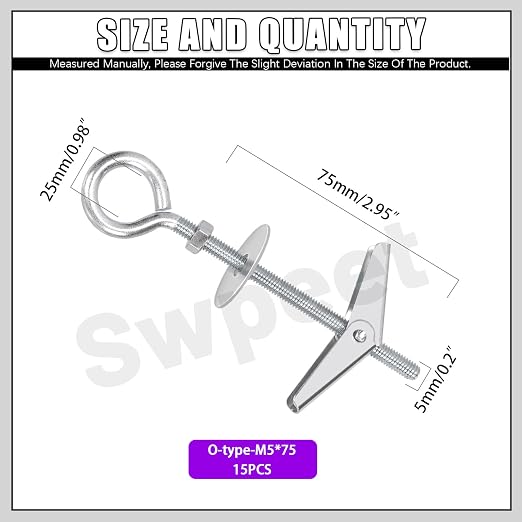 Swpeet 15 Set M5×75mm Eye Bolt Toggle Bolts and Wing Nut Kit - Image 2