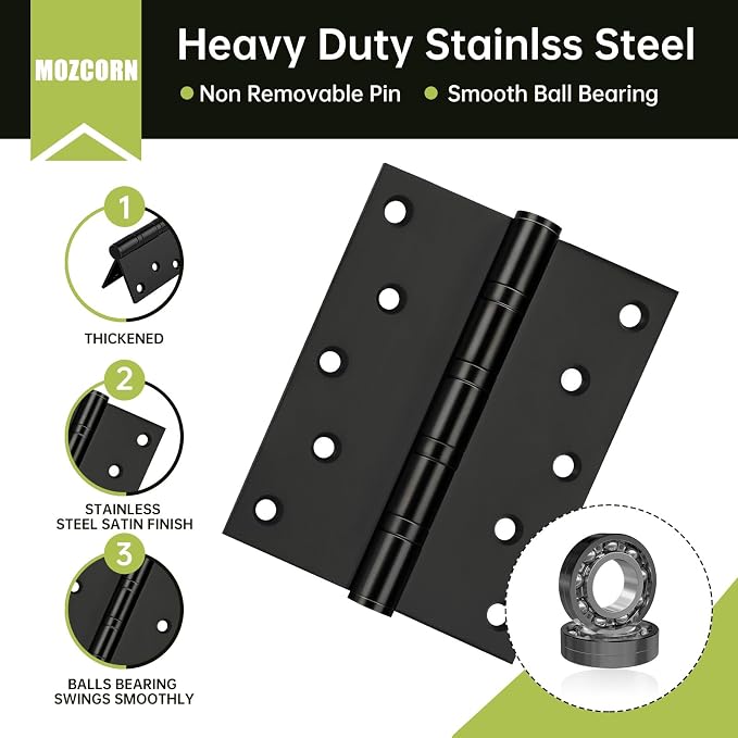 3-Pack Black Door Hinges, 5 Inch Heavy Duty Stainless Steel Hinge - Image 3