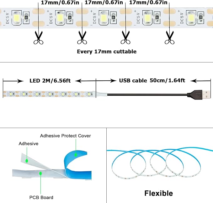 5V USB Blue 460-465nm LED Strip USB Powered 13.12ft/4M | 240LEDs Flexible - Image 3