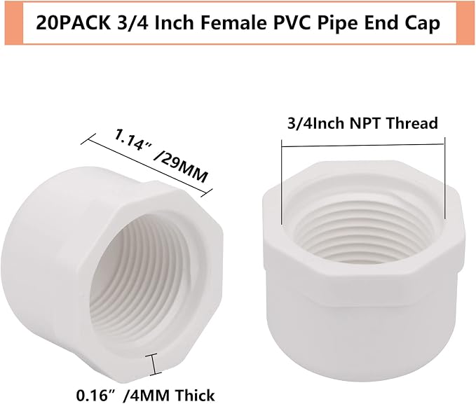 20PACK 3/4 Inch Female PVC Pipe End Cap 3/4 Inch Female Threaded Plug Adapter - Image 2