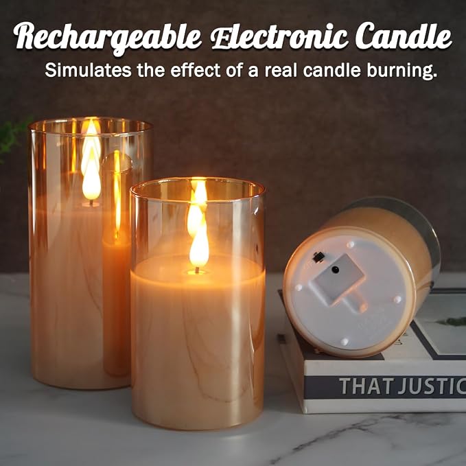 LEDHOLYT Rechargeable Gold Glass Flameless Candles, Flashing LED Pillar Real - Image 4
