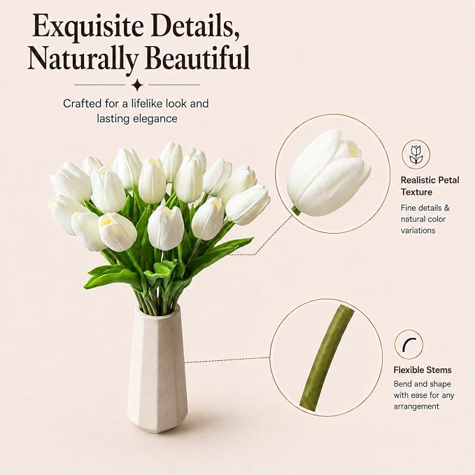 Mandy's 20pcs Artificial Pure White Tulips | 13.5 Inch Lifelike PU Tulips Faux - Image 4
