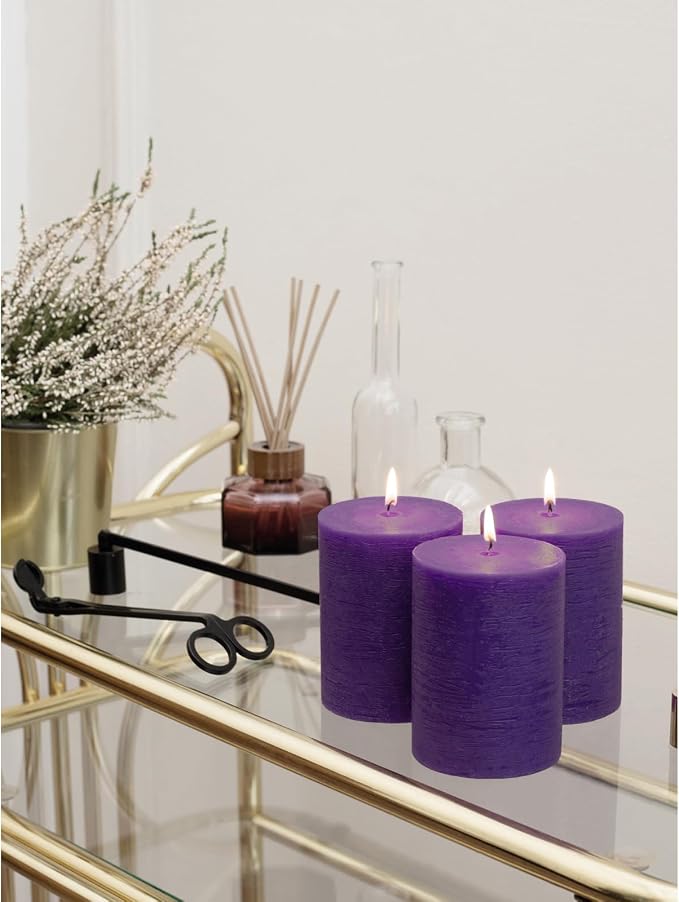 3x4 inch Pillar Candles Set of 3 – Unscented Dripless Rustic Purple Candles - Image 6