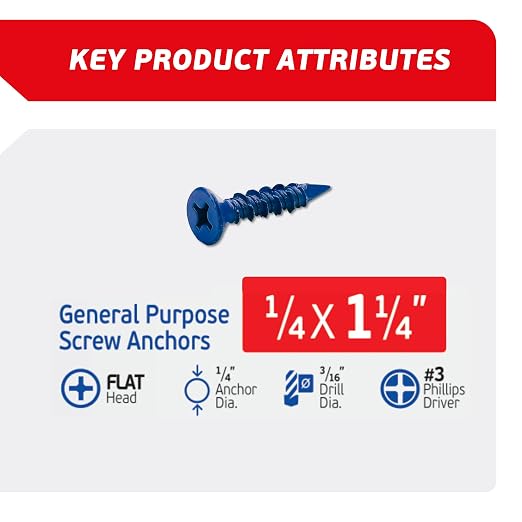 1/4 x 1-1/4" Countersunk Phillips Flat Head Blue Concrete Screw Anchors - Image 2