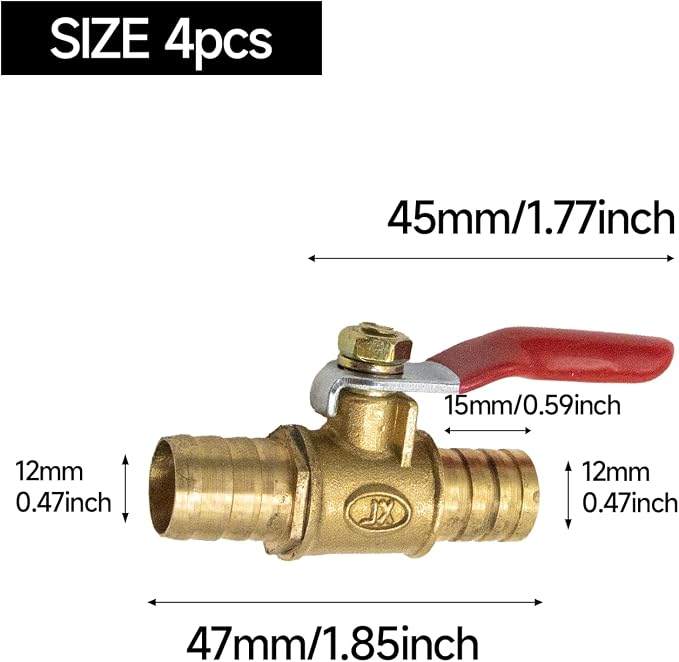 4-Pack 1/2 Inch Brass Ball Valve, 12mm Hose Barb - Image 2