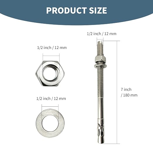 1/2"x7"304 Stainless Steel Wedge Concrete Anchors, Heavy Duty Expansion Bolts - Image 2