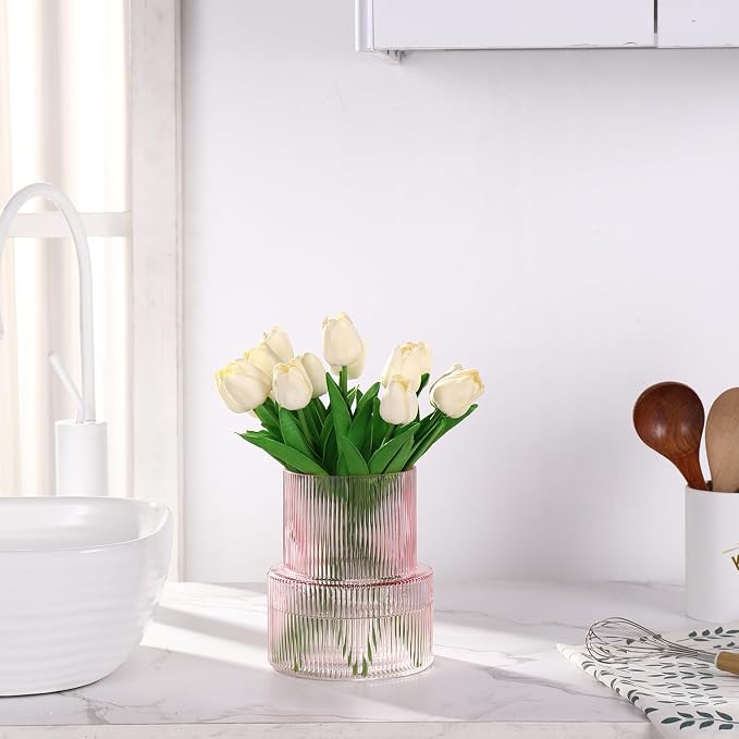 Pink Glass Vase, Ribbed Glass Vase - Image 3