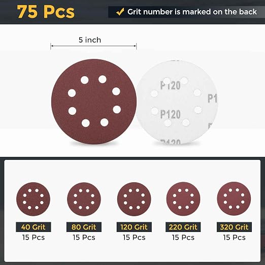 HARFINGTON 75Pcs 5Inch Sanding Disc 8 Hole Hook and Loop Sandpaper Red | - Image 2