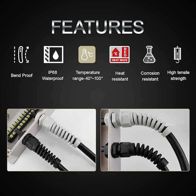 2Pcs NPT 1/2" IP68 Waterproof Cable Gland Flex Spiral Strain Relief Black Nylon - Image 4