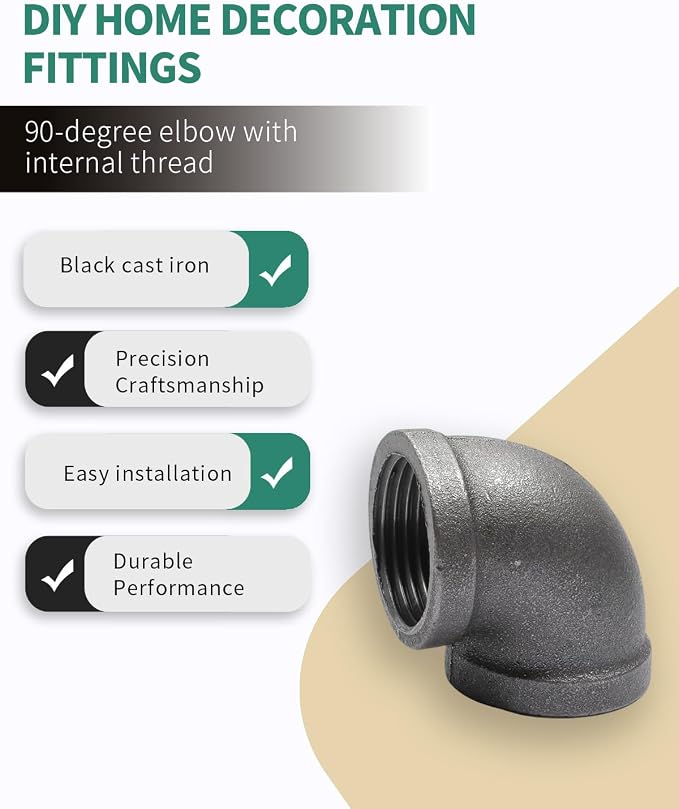 Black Cast Iron 90 Degree Elbow, Female Pipe Fitting, 1/2 Inch Size, - Image 4