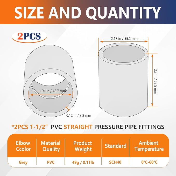 2PCS 1-1/2 Inch Gray Pvc Fittings Slip Socket Pipe Coupling used - Image 2