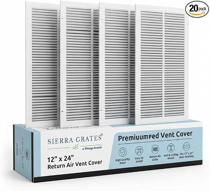 12x24 Air Return Vent Cover, Solid Steel White, 20 Pack by SierraGrates