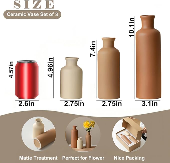 Modern Ceramic Vase Set of 3, Neutral Colors, Decorative Bottles - Image 4