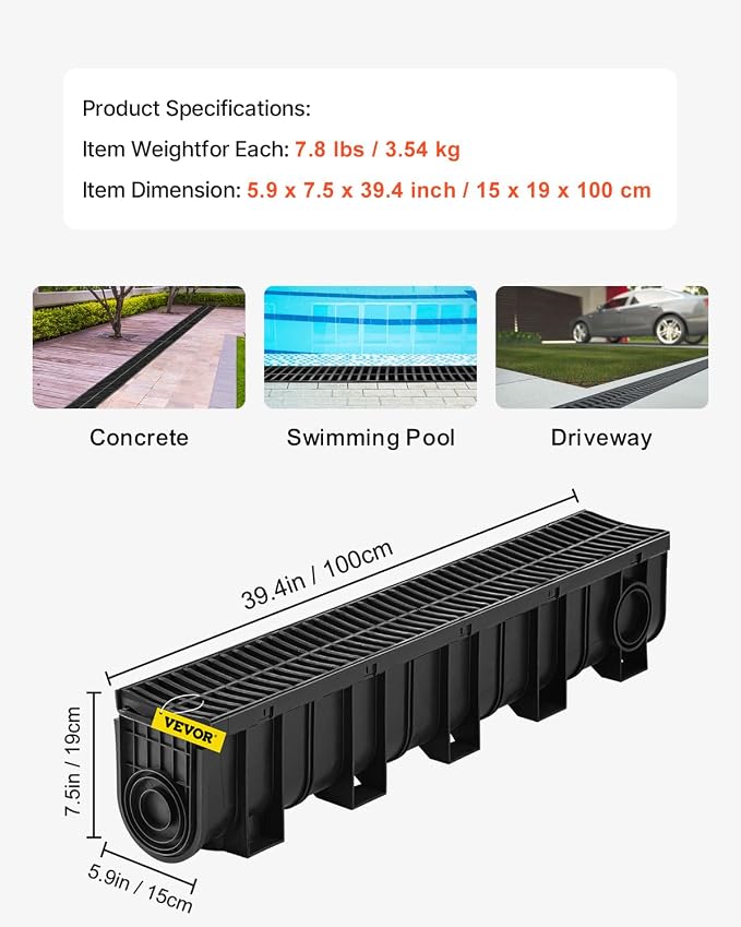 VEVOR Trench Drain System 5 Pack, Channel Drain - Image 7