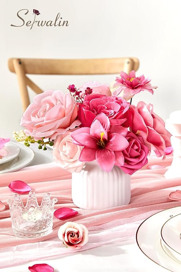 Serwalin Hot Pink Artificial Flowers, Silk Rose Fake Flowers - Image 5