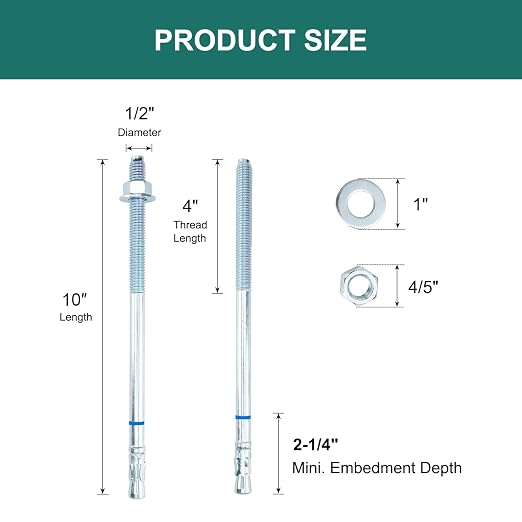 1/2" x 10" Concrete Anchor 1/2 inch Wedge Anchors Bolts Zinc Plated - Image 3