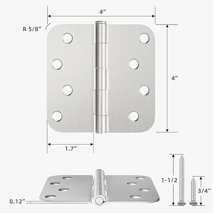 HOSOM 6 Pack Rounded Door Hinges 4 Inch 5/8'' Radius Corner, Satin Nickel - Image 2