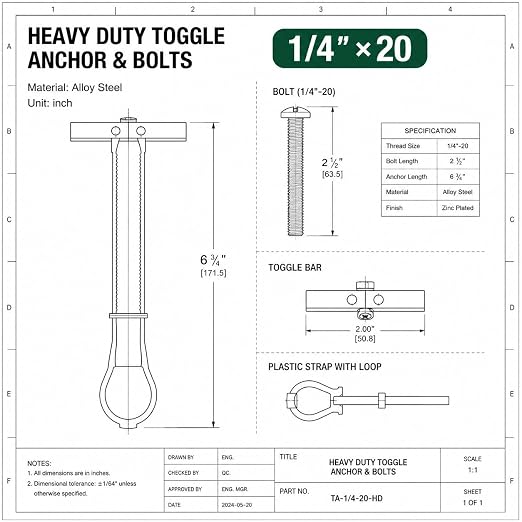 10PCS 1/4"-20 Toggle Bolts for Drywall, Metal Strap Anchors | Up to 260 lb load - Image 2
